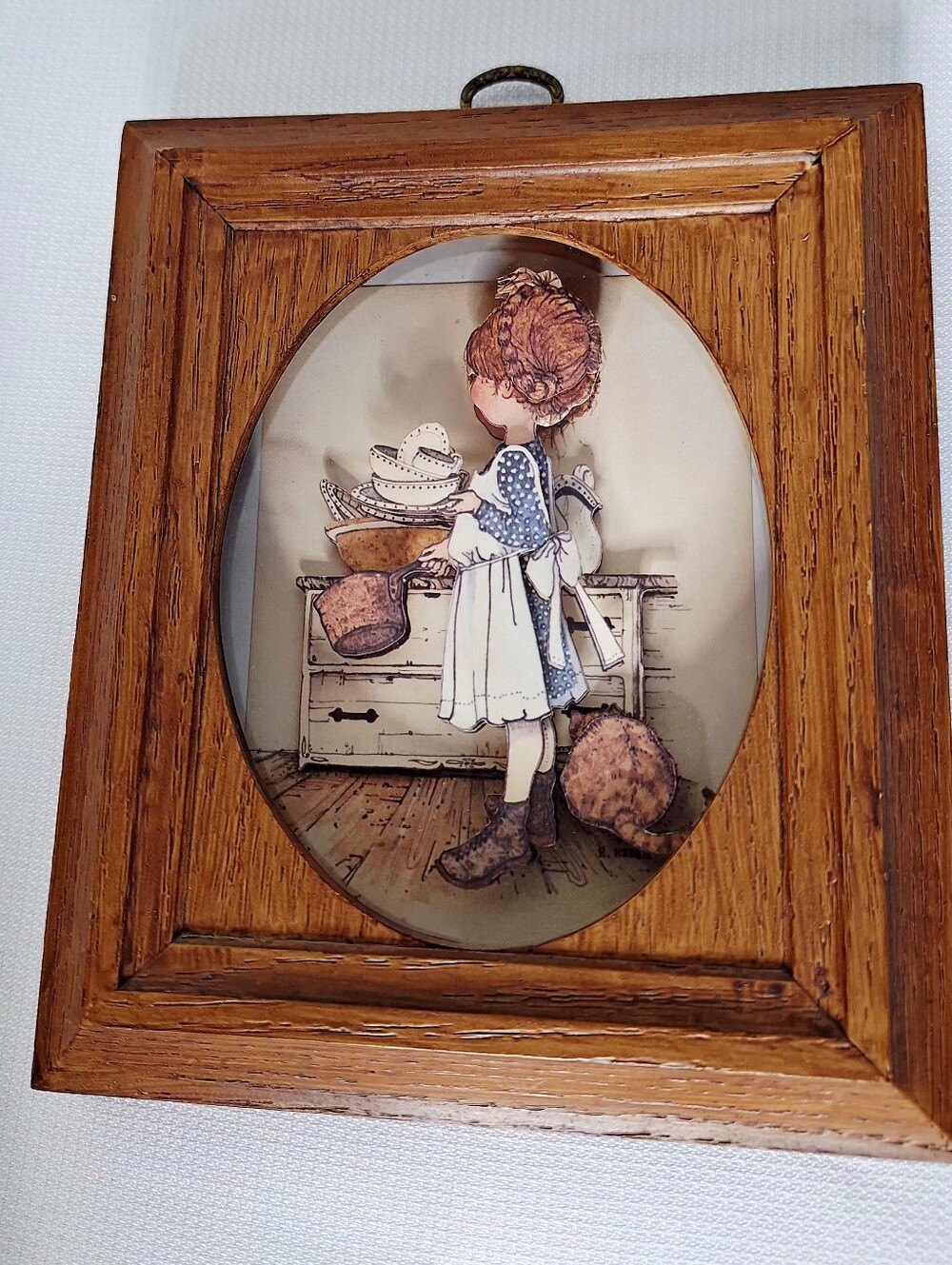 Vtg. " Kitchen Duty" 3D Wooden Framed Paper Art. Cottage Core, Whimiscal Kitchen